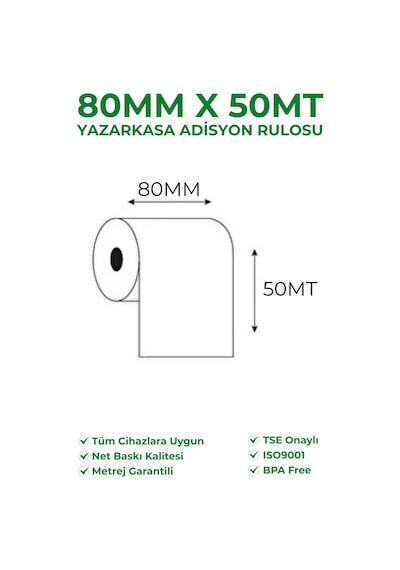 80x50 Termal Rulo Yazarkasa Adisyon Rulosu 1 Paket 10 Adet Tse Belgeli Bpa Free