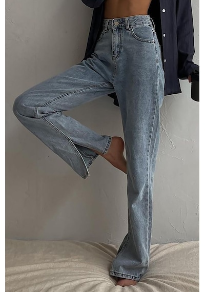 Mavi Yüksek Bel Paçası Yırtmaçlı Kadın Jean Mg1384-Mavi