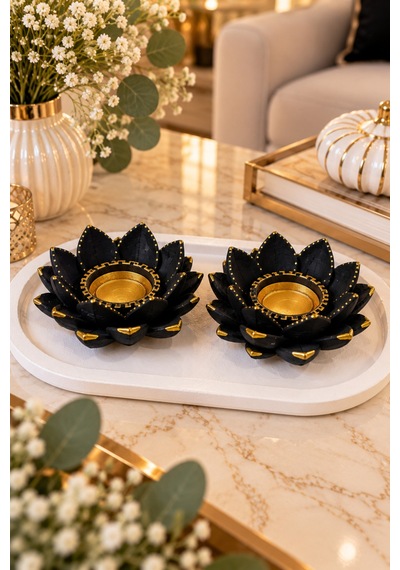 Lotus Çiçeği 2 Li Dekoratif Mumluk Seti Siyah Altın Taş Tozu El Yapımı Siyah
