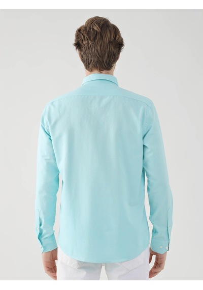 Dufy Mint Yeşili Erkek Slim Fit Brent Düğmeli Yaka Uzun Kol Gömlek - 92093 Mint