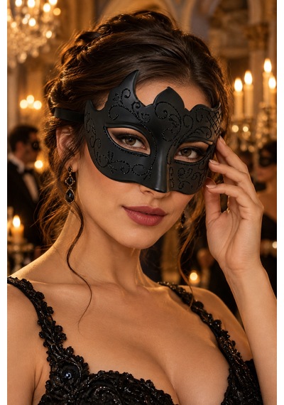 Siyah Venedik Maskesi Sim Desenli Bağcıklı Maskeli Balo Parti Kostüm Halloween Cadılar Bayramı