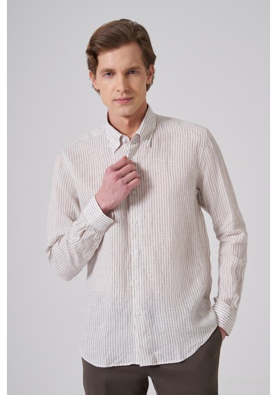 Morven Erkek Kahve Keten Trend Çizgili Dynamic Fit Düğmeli Yaka Gömlek 26ys004004400 Kahve