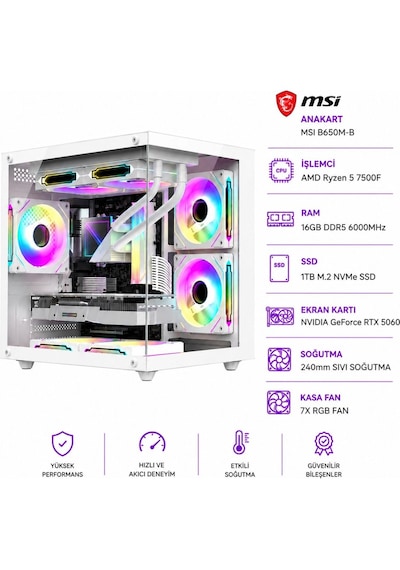 Apphirex ROSA X55 R5-7500F 16 GB 1 TB M.2 SSD 8 GB RTX5060 W11P Masaüstü Oyuncu Bilgisayarı Beyaz