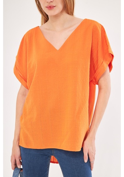 Armonika Kadın Turuncu V Yaka Yanları Yırtmaçlı Arkası Uzun Duble Kol Detaylı Oversize Bluz Arm-24y001074