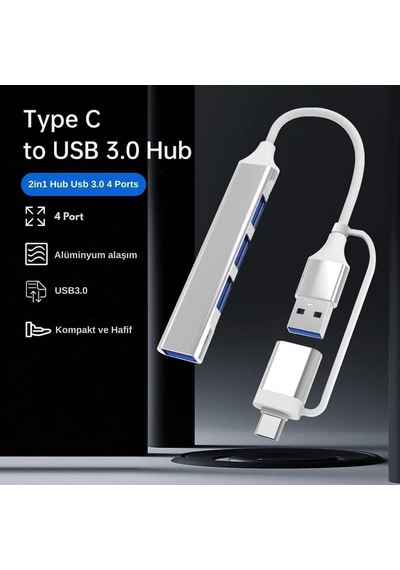 Lexroo 3360 Usb 3.0 Type C Hub 4 Port Çoklayıcı Çoğaltıcı Çevirici Dönüştürücü Adaptör 2'si 1 Arada