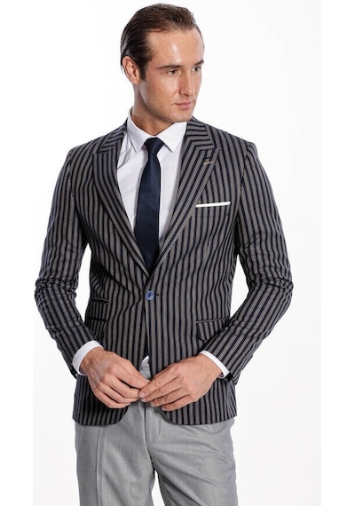 Wessi Çizgili Koyu Slim Fit Lacivert Erkek Ceket Siyah