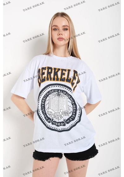 Startmore Kadın Çizgili Figür Kalp Beyaz T-shirt Have A Holiday Siyah