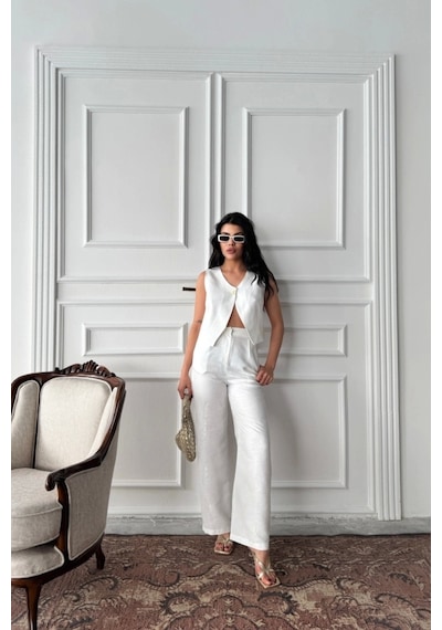 Defymoda Keten Tek Düğme Yelek-pantolon Takım - Beyaz Beyaz Defymoda Keten Tek Düğme Yelek-pantolon Takım - Beyaz Beyaz
