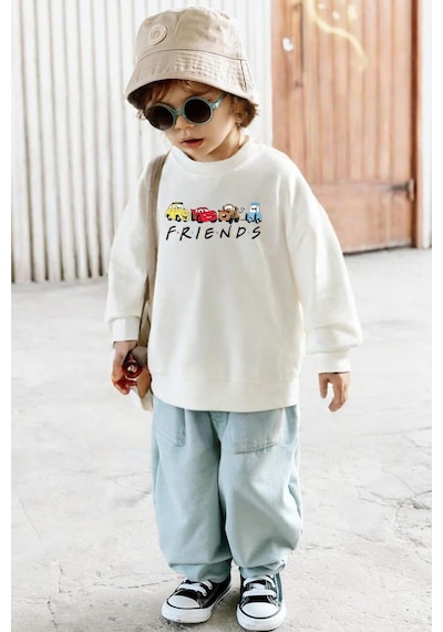 Monila Unisex Baskılı 3 İplik Kumaş Pamuklu Sweatshirt Ekru