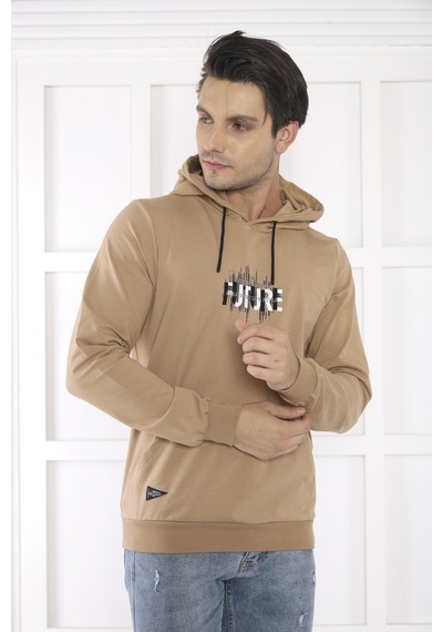Escetic Spor Erkek Koyu Vizon Cepli, Kapüşonlu Sweatshirt-4170