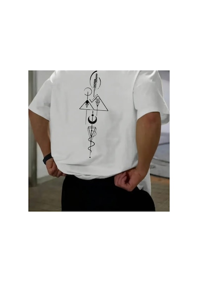 Caddemia Yaz  Moda Rahat Gevşek Geometrik Desen Baskılı Yuvarlak Boyun Kısa Koll Beyaz 2XL
