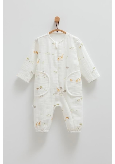 Kıpırık Baby Bebek Tulum Müslin Zürafa Desenli-1118 Ekru
