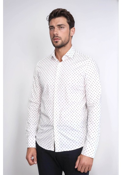 Minimal Bordo Motifli Beyaz Erkek Gömlek Wessi Beyaz