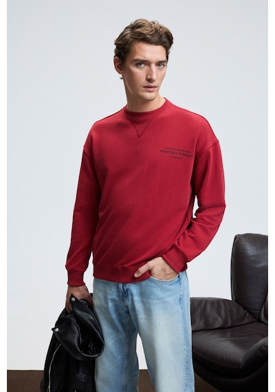 Grımelange CASPIAN Erkek %100 Pamuk Bisiklet Yaka Karyoka Dikişli Baskılı Kırmızı Sweatshirt
