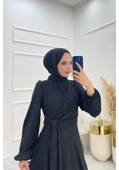 Neşeli Butik Kadın Bağlama Detaylı Jakarlı Tesettür Elbise Nms044 Siyah
