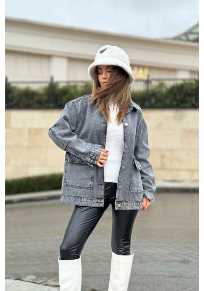 Kadın Gri Geniş Cepli, Kaliteli Jeans Kumaş, Salaş Kot Ceket Gri