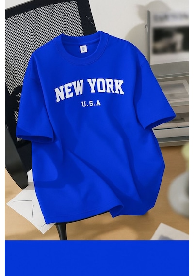 New York U.s.a. Baskılı Unisex Tişört Saks Mavisi