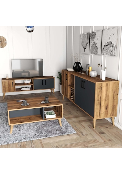 Exxen Ahşap Ayaklı Tv Ünitesi - Orta Sehpa - Konsol Seti Hat - Antrasit Set 1580-2070-1620 Exxen Ahşap Ayaklı Tv Ünitesi - Orta Sehpa - Konsol Seti Hat - Antrasit Set 1580-2070-1620