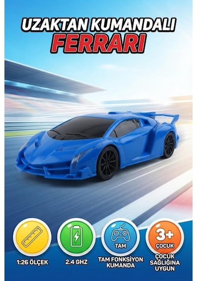 TıfılToys Uzaktan Kumandalı Ferrari Hızlı Mavi Araba 1:26 Ölçek 18 Cm İleri Ve Geri Hareketli Oyuncak Araba