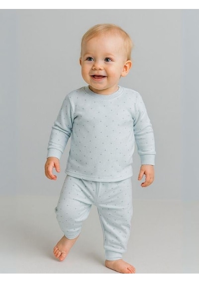 Çocuk Pamuklu Çiçek Desenli Pijama Takımı-16051 Mavi