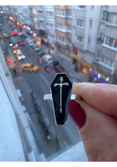 Gotik Tabut Şekil Gümüş Siyah Ayarlanabilir Gothic Tarz Kadın Yüzük Gümüş - Gri