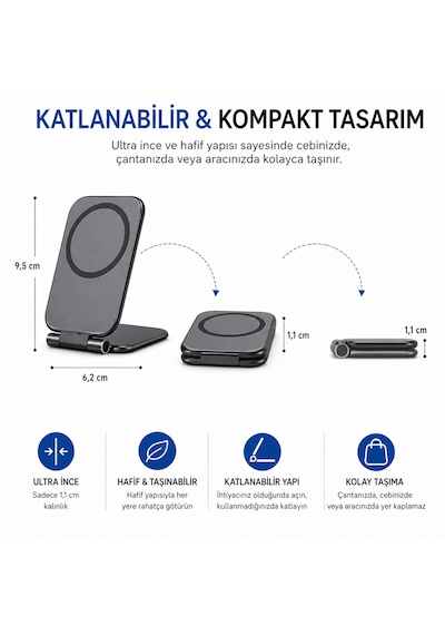 Katlanabilir Manyetik Telefon Tutucu Stand Araç İçi Ve Masaüstü Kullanım Ayarlanabilir Portatif Siyah