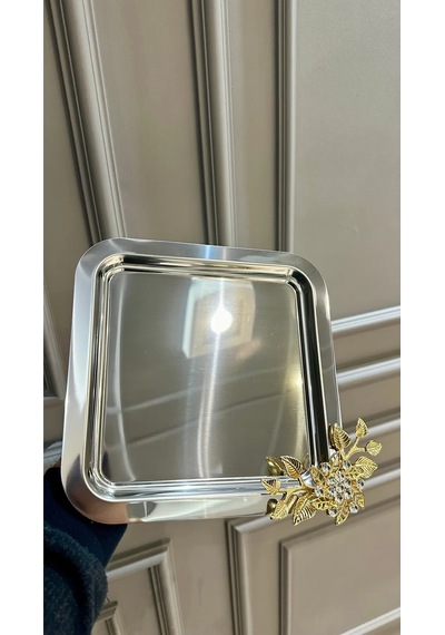 6 Lı Kare Kahve Çay Tek Kişilik Metal Sunum Tepsi Gümüş