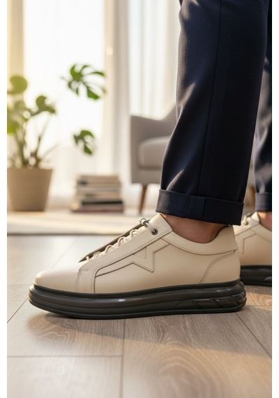 Enoch Hakiki Deri Yıldız Detaylı Günlük Erkek Sneaker Yüksek Comfort Taban Bej