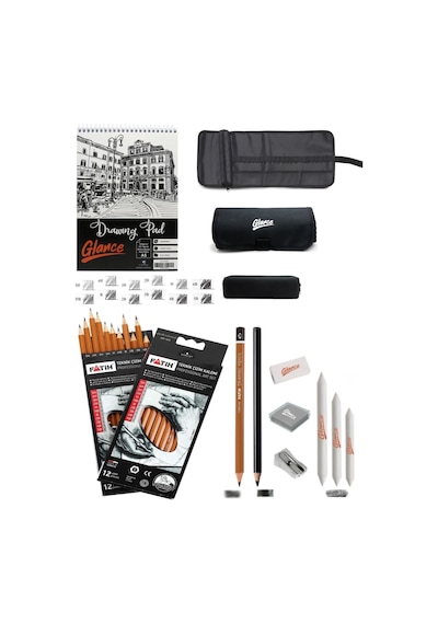 Eskiz Defteri A5 120 Gr 50 Yp Professional Dereceli Kalem Set 12 Li Rulo Bez Çantalı Eskiz Seti