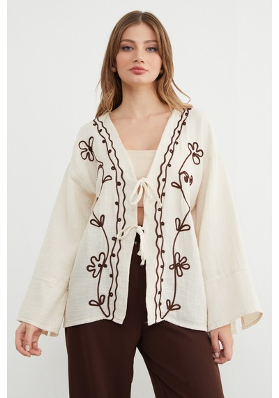 Fullamoda Nakışlı Önü Bağcıklı Keten Görünümlü Kimono Bej