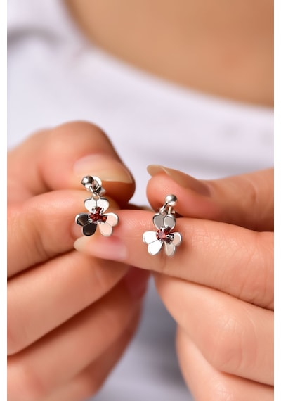 Papatya Silver 925 Ayar Gümüş Rodyum Kaplama Hediyeli Garnet Taşlı Frezya Çiçeği Küpe