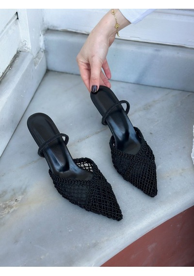 Ervanın Butiği Siyah Örgü Leay Lastikli Kadın Stiletto-6147