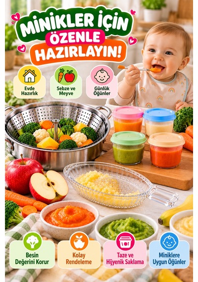 3'lü Bebek Ek Gıda Seti Buharda Sebze Pişirme Aparatı Cam Elma Rendesi 4'lü 175 Ml Mama Saklama Kabı