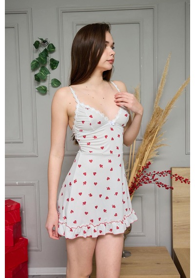 Eloria Fashion Kırmızı Kalp Baskılı Tangalı Gecelik , Kadın Elbise Gecelik Krem