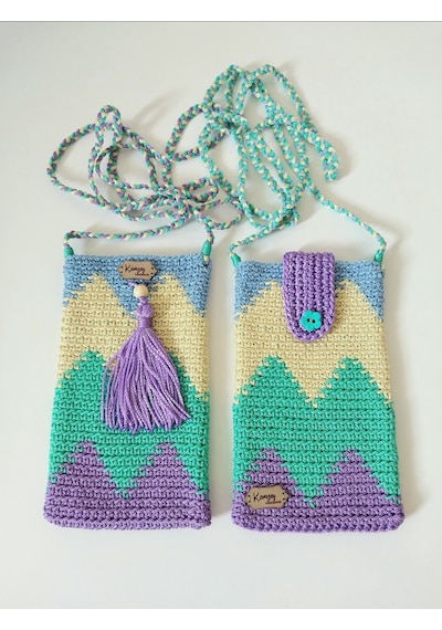 Kemzey Handmade Wayuu Telefon Çantası, El Yapımı Örgü Telefon Çantası Mint Yeşili - Lila