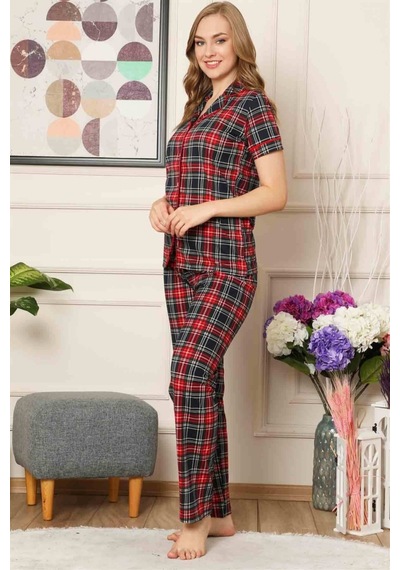 Farya Home Dreamy Ekoseli Pamuklu Biyeli Kısa Kollu Gömlek Pijama Takımı Siyah Bordo Siyah - Bordo