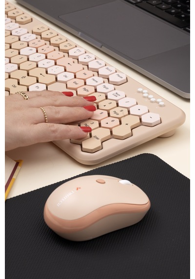 Petek Görünümlü Kablosuz Renkli Klavye Mouse Seti - Retro, Sessiz, Q Türkçe Dizayn Lazer