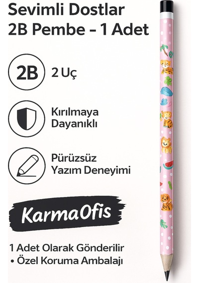 Sevimli Dostlar 2b Kurşun Kalem Çocuklar İçin Desenli Kalem 1 Adet Pembe Pembe