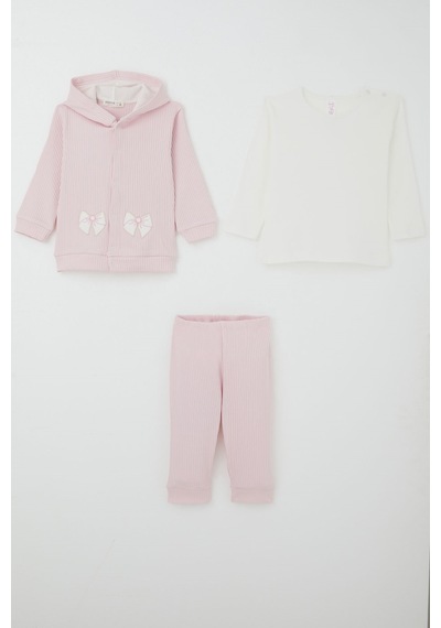 Breeze Kız Bebek Bodyli 3 Lü Takım Fiyonk Arma Nakışlı 4 Ay - 1 Yaş , Pembe