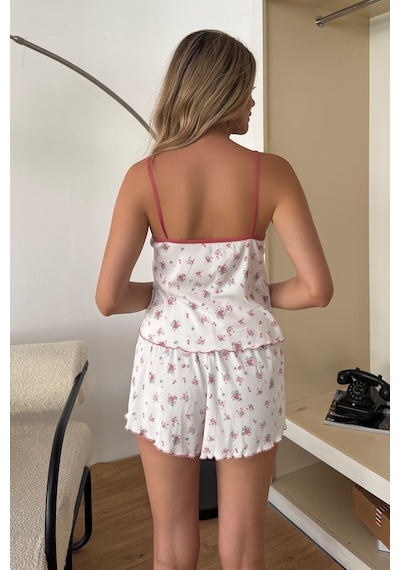 Giysa Kadın Askılı Çiçek Desenli Şortlu Pijama Takımı Pembe Çiçek - 3300