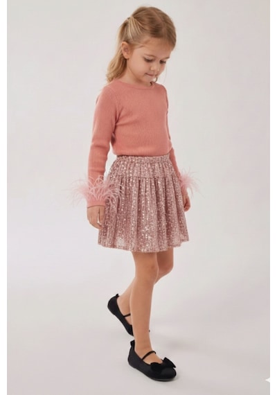 My Kids Wear Kız Çocuk Bayramlık Payet Etekli Takım 12537 Bej - Kahverengi