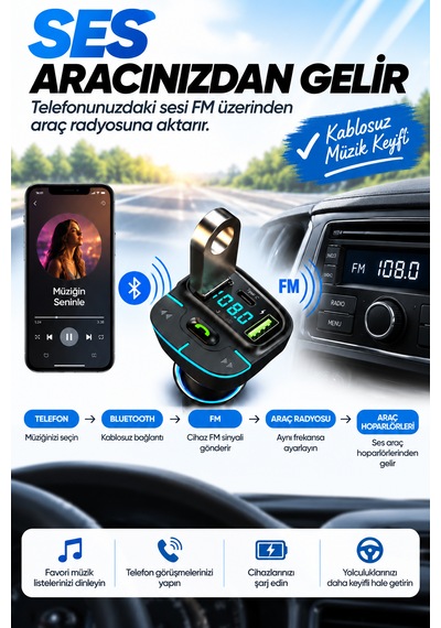 Bluetooth Fm Transmitter Araç Kiti Usb Type-c Hızlı Şarj Hd Mikrofon