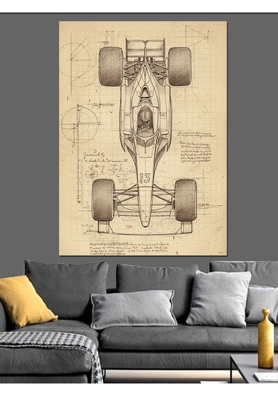 Formula 1 Araç Eskizi Dekoratif Kanvas - Mdf Ahşap Tablo