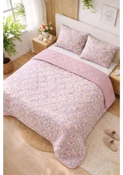 Formeya Kapitoneli Çift Kişilik Desenli Pike - Yatak Örtüsü Takımı 200x230 Cm - 2 Adet Yastık Kılıflı Lila Mor Açık Indigo