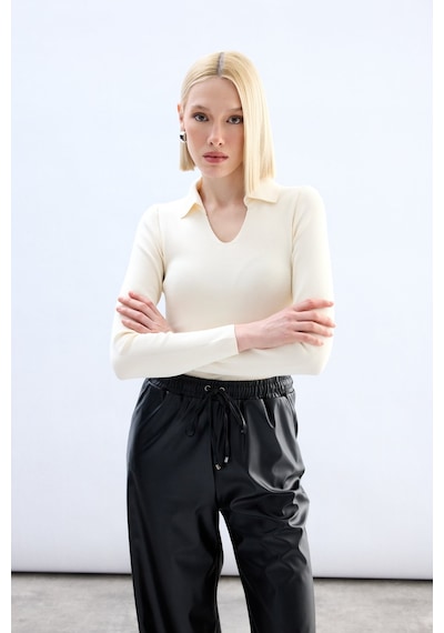 Sateen Polo Yaka Triko - Ekru-132061 Ekru
