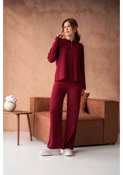 Park Karon Kadın Bordo Polo Yaka Oversize Kazak Pantolon Triko Alt-üst Takım 10955 Bordo