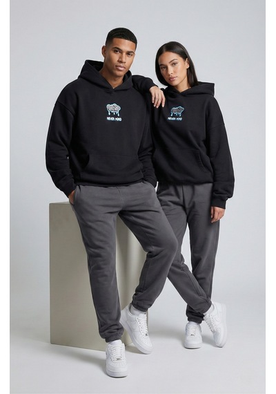 Nevermind Unisex Sevgili Çift Kombini Oversize Sırt Baskılı Grafik Hoodie Siyah
