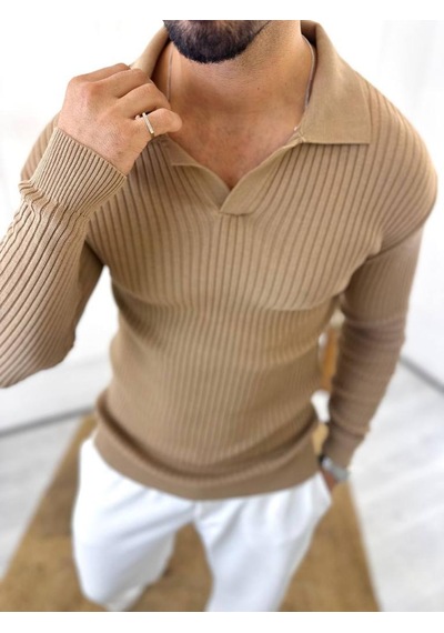 Elku Moda Kazak Slim Fit Polo Yaka Fitilli Yumuşak Dokulu Tüylenmez Sweatshirt Kahverengi