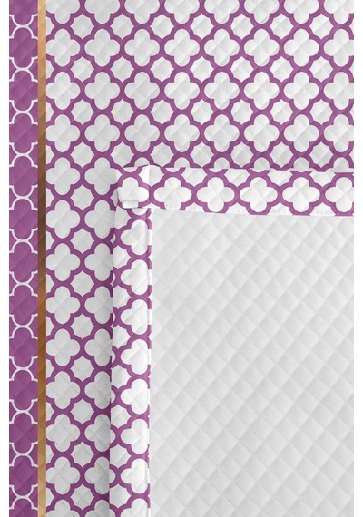 Mor Geometrik Dekoratif Pike Takımı - Lila Beyaz Kapitone Yatak Örtüsü Seti Tek Kişilik 160x220 Cm Kadife Koru Havası