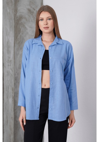 Paw Garage Kadın London Keten Tek Cepli Oversize Gömlek, Premium Kalite Keten Gömlek Mavi